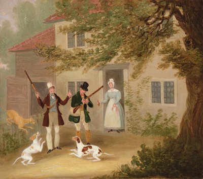 Zwei Jäger mit ihren Hunden, die von einem Cottage aufbrechen, ca. 1830 von James Pollard